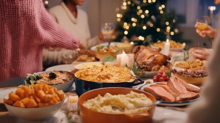 Friends gather around a beautifully laid table filled with a variety of homemade dishes. Warmth fills the room, while a twinkling tree adds to the festive atmosphere of their cozy celebration