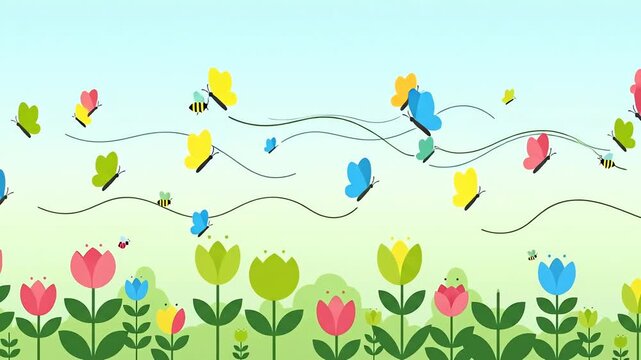 Colorful Butterflies and Bees Flying Over a Vibrant Spring Flower Meadow.