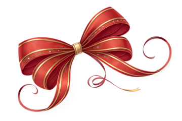 Elegant red bow with curled ribbon tails and shiny highlights. Ideal for holiday marketing, packaging, invitations, and winter campaign visuals.