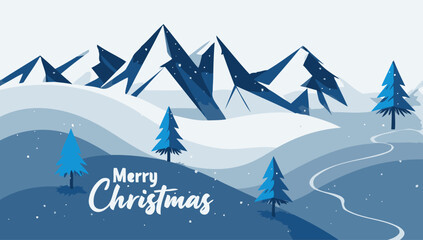 Fototapeta premium Winter landscape with mountains and fir trees greeting card design for festive season