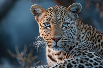 Fototapeta premium Leopard with fine fur resting in a serene environment at dusk