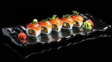 Indulge in exquisite sushi art. This beautifully arranged platter showcases vibrant colors and fresh ingredients. A must-try for sushi lovers. Generative AI