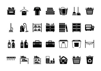 Minimal silhouette icon set for home organization, cleaning, and laundry. Vector symbols for household chores and storage solutions. min (229)