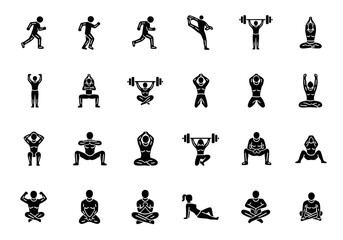 Naklejka premium A comprehensive set of solid black glyph icons depicting various fitness activities, including yoga, weightlifting, running, and meditation for a healthy lifestyle