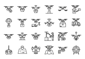 Drone delivery service icon set. Collection of line art symbols for unmanned aerial vehicle logistics and package transport. Minimal vector pictograms