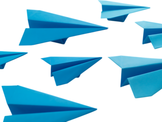 Many blue paper airplanes flying on transparent background in a group formation