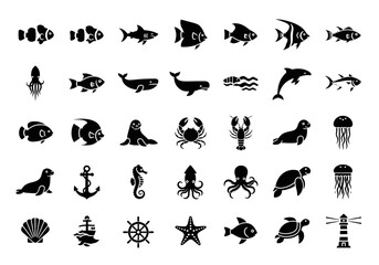 A comprehensive set of minimalist black silhouette icons depicting various sea animals, marine life, and nautical symbols for design