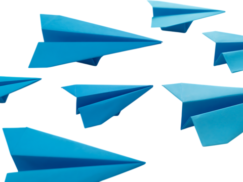 Many blue paper airplanes flying on transparent background in a group formation