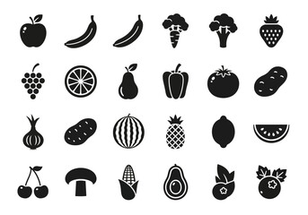Collection of black glyph icons featuring various fruits and vegetables in a minimal vector style