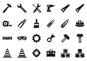 A comprehensive vector icon set of black silhouettes representing various construction, repair, and do-it-yourself hardware tools