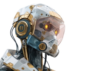 Futuristic white and golden robot helmet with glowing orange eyes on transparent background
