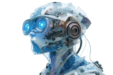Fototapeta premium Futuristic humanoid robot with glowing blue eyes wearing clear helmet on transparent background