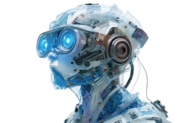 Futuristic humanoid robot with glowing blue eyes wearing clear helmet on transparent background