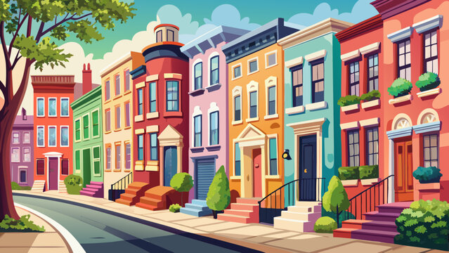 Very beautiful row of colorful houses along a charming curved street in the West Village, featuring pastel fa&ccedil;ades, classic windows, and leafy details that highlight Manhattan&rsquo;s cozy residential chara