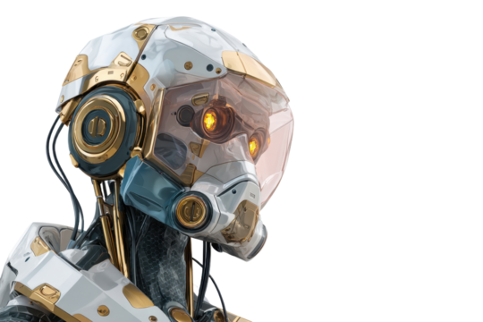 Futuristic white and golden robot helmet with glowing orange eyes on transparent background