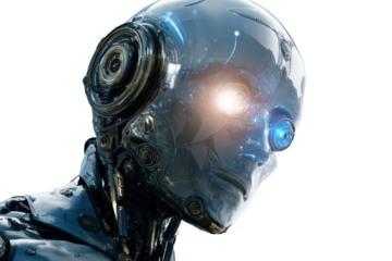 Futuristic dark robot with glowing eye and light on transparent background