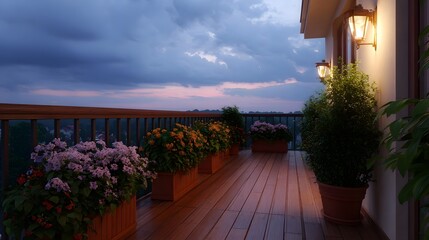 Obraz premium Serene balcony view at dusk featuring colorful potted flowers wooden deck and warm outdoor lighting