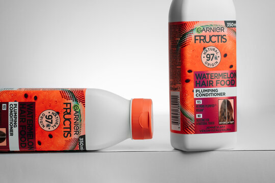 Strasbourg, France - November 2025 : Garnier fructis watermelon hair food conditioner bestseller, minimalist product editorial closeup photo