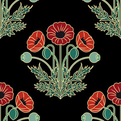 Vntage Floral Pattern with Poppies, Seamless Background