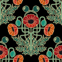 Vntage Floral Pattern with Poppies, Seamless Background