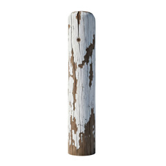 Isolated weathered wooden post with peeling white paint against a black background in a studio shot