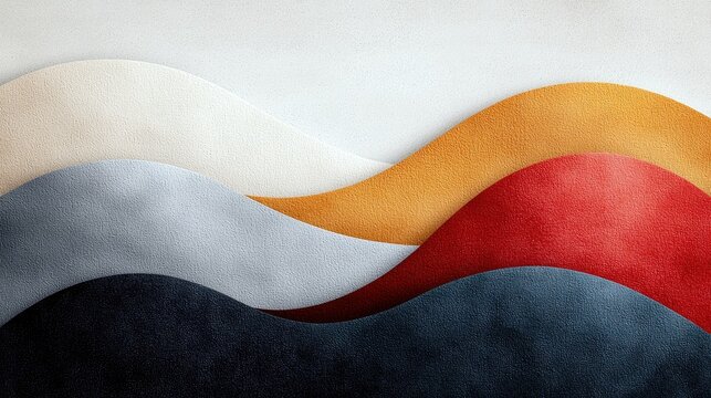 A visually appealing abstract composition featuring five distinct, wavy layers of textured fabric in contrasting colors, creating a sense of depth and flow.
