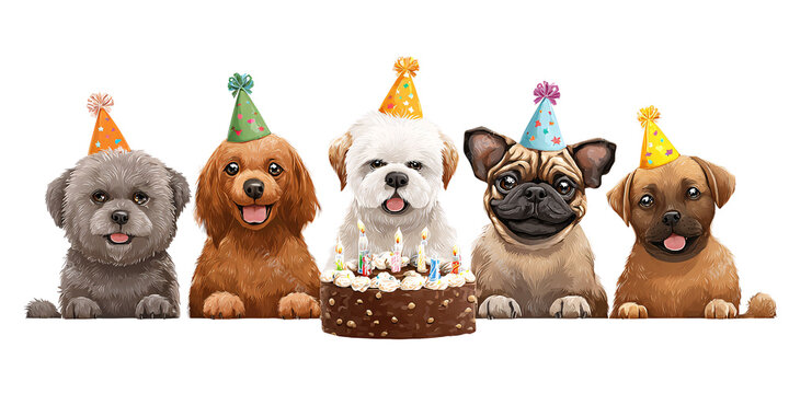 Adorable dogs wearing party hats celebrating birthday with cake and candles Group of cute puppies having fun at a festive pet party Concept of animal celebration, friendship, and joy
