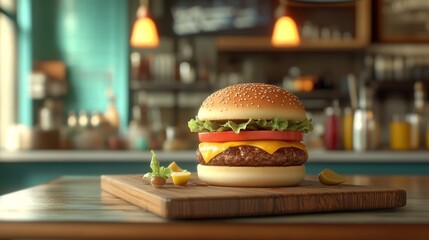 A delicious hamburger sits on a wooden board. Fresh ingredients are visible in layers. Perfect for food lovers and advertising. Generative AI