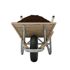 A front view of a wooden wheelbarrow filled with dark soil against a solid black background studio shot