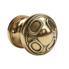 Close up of a shiny brass door knob with decorative circular design against a plain background