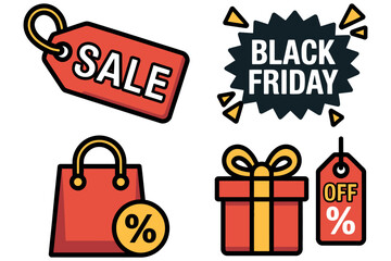 Naklejka premium Black Friday sale and shopping icons including gift boxes and tags