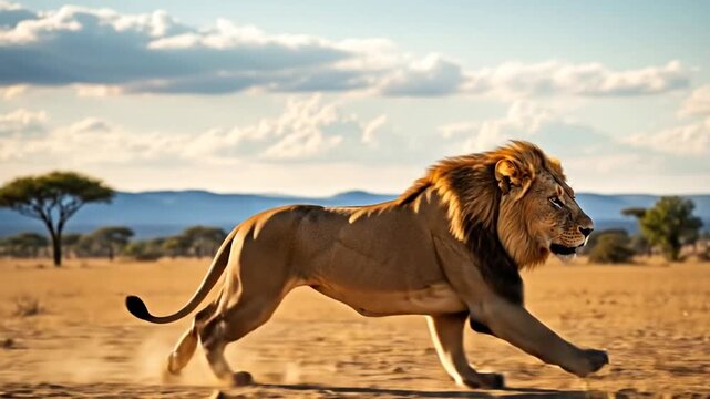 Powerful male lion running across savanna, a majestic symbol of African wildlife