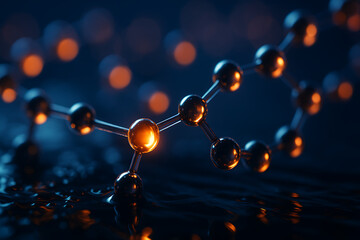 Glowing molecular structure with connected spheres, futuristic chemistry visualization on dark surface, scientific concept showing atomic bonds and nanoscale network design highlighted by warm illumin