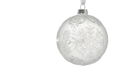 Delicate white christmas ornament adorned with sparkling silver snowflakes, isolated on transparent background, adding a touch of winter magic to your holiday decorations and festive designs