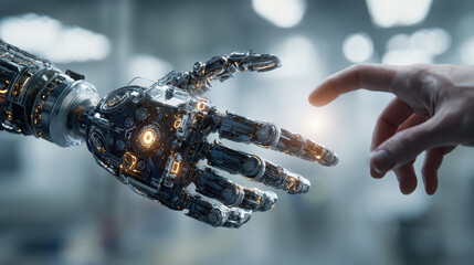 Futuristic humanoid robot hand reaching toward human hand in protective gesture with digital circuits glowing softly, perfect for artificial intelligence safety and human machine collaboration concept