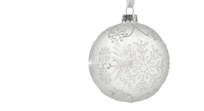 Delicate white christmas ornament adorned with sparkling silver snowflakes, isolated on transparent background, adding a touch of winter magic to your holiday decorations and festive designs