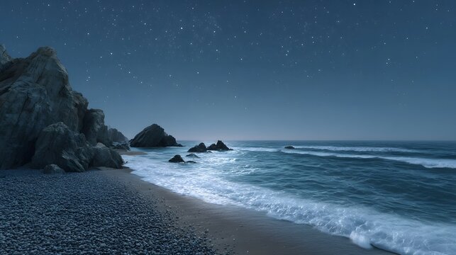 A serene night scene of crashing ocean waves on a pebble beach with rocky shores under a starlit sky - Powered by Adobe