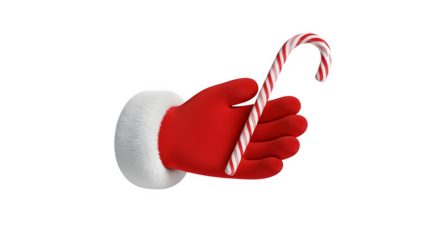 Santa claus hand in red glove holding a candy cane, isolated on transparent background, a sweet treat for your holiday designs and festive projects, spreading christmas cheer and joy