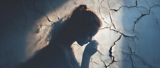 Shadow of woman crying projected on cracked wall, symbolic of inner destruction and invisible pain, perfect for despair, loss, and emotional breakdown concept.