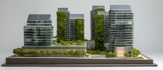 Sustainable building model featuring vertical gardens, clean facades, and public green space. Eco-friendly and sustainable energy concept for future city. Modern, green architecture and urban design.