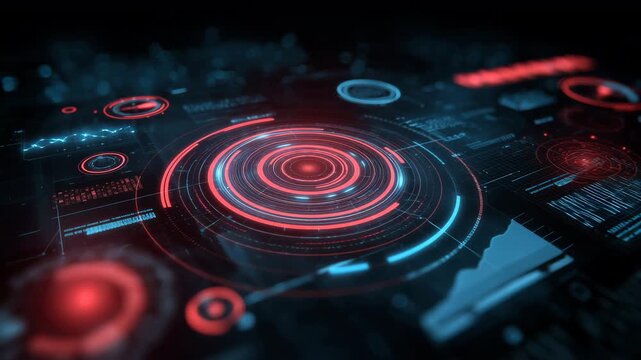 Futuristic Red Blue HUD Display With Rotating Digital Interface Rings
