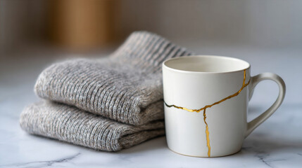 White ceramic mug with gold kintsugi repair next to folded gray knitted sweater on marble surface with soft background
