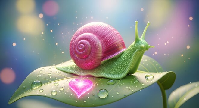 Adorable bright pink shell snail with a green body on a leaf with water drops and a glowing heart. Love, self-care, and fantasy illustration. Whimsical cartoon character on a vibrant wet plant