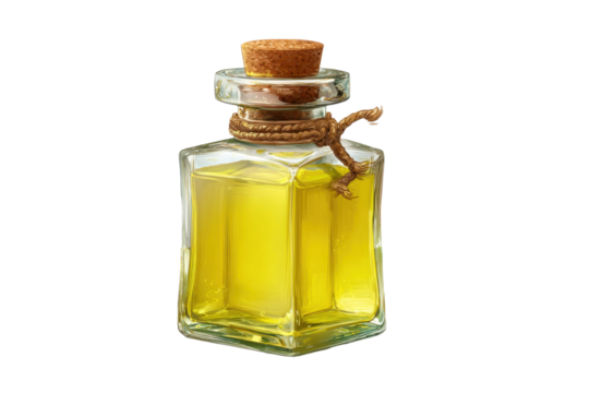Small bottle of golden liquid sealed with cork stopper and rope