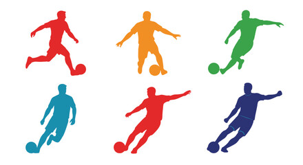 Colorful silhouettes of soccer players in dynamic action poses