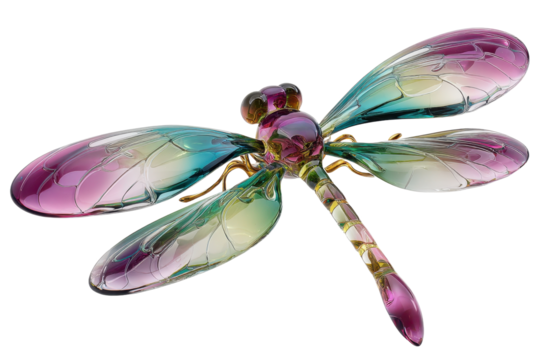 Colorful glass dragonfly sculpture isolated on transparent background