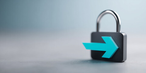 Black padlock with blue arrow symbolizing data security and access control on soft gradient background