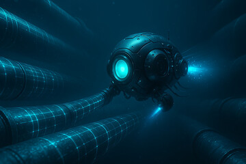 Underwater robotic drone inspecting futuristic glowing pipelines in deep ocean environment, advanced subsea technology concept showing high tech marine engineering, energy infrastructure and innovatio