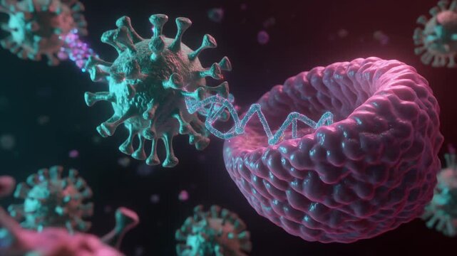 A detailed microscopic 3D render of a pathogenic virus injecting its genetic material into a host cell during the initial stages of infection