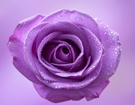 Close-up of a blooming lavender rose, glistening with water droplets